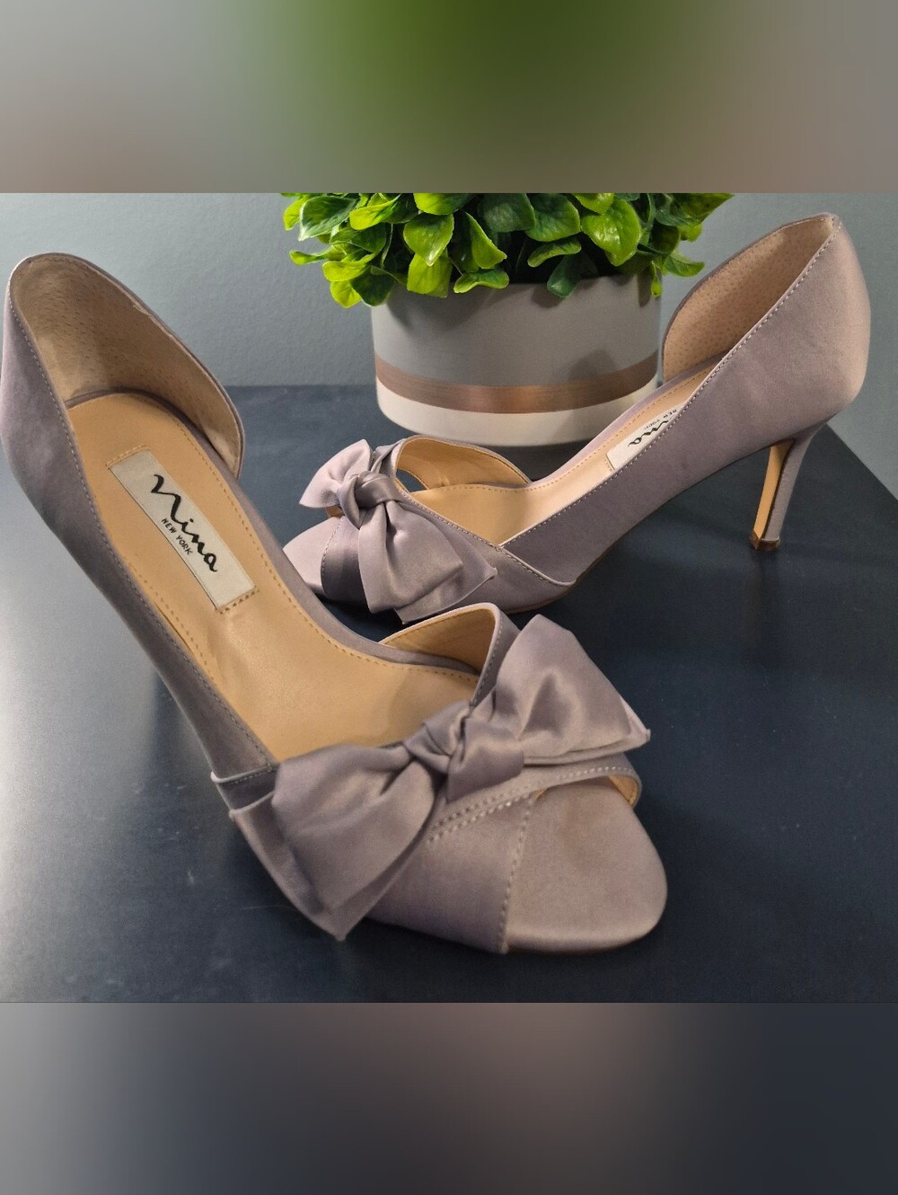 Nina Satin Open-Toe Bow Pumps in silver